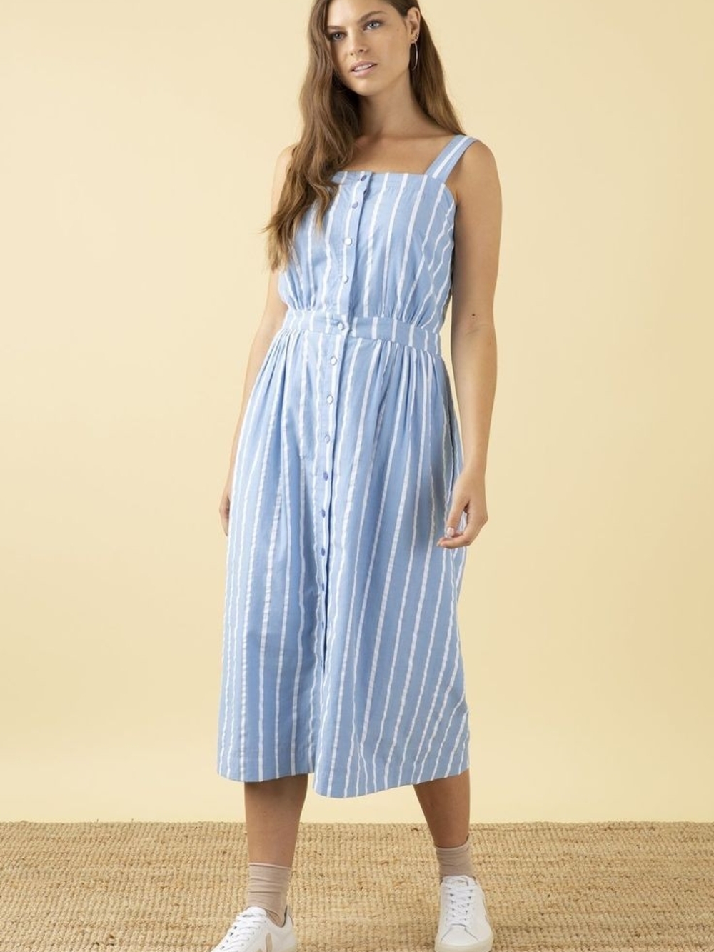 Emily And Fin Liana Light Blue Striped Button-Front Midi Dress Size 16UK